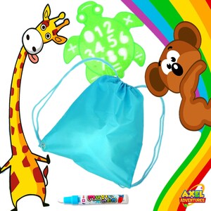May include: A blue drawstring bag with a green turtle-shaped drawing pad, a giraffe and a brown bear illustration, and a white marker with the words "Magic Pen" on it. The drawing pad has numbers and math symbols on it. The bag has a white drawstring. The illustrations are cartoon-like.