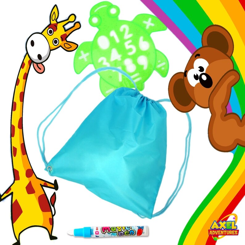 May include: A blue drawstring bag with a green turtle-shaped drawing pad, a giraffe and a brown bear illustration, and a white marker with the words "Magic Pen" on it. The drawing pad has numbers and math symbols on it. The bag has a white drawstring. The illustrations are cartoon-like.