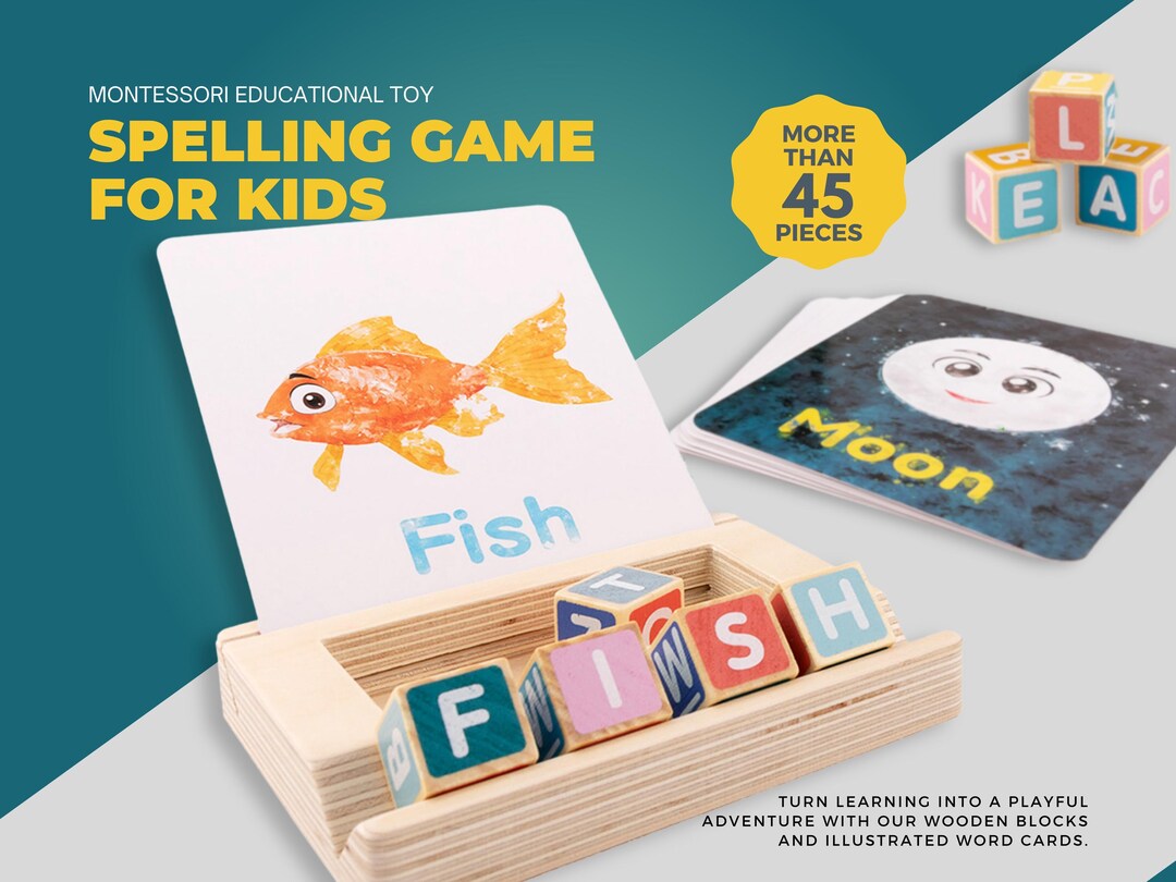 Spelling Game for Kids, Montessori Wooden Blocks & ABC Flash Cards for ...