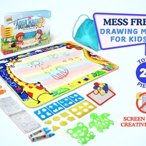 May include: A colorful water-activated drawing mat with 28 pieces, including stencils, stamps, and markers. The mat features a rainbow design with a giraffe, a cat, and a butterfly. The text "Aqua Magic Doodle Mat" is on the box. The text "MESS FREE DRAWING MAT FOR KIDS" is in a speech bubble. The text "TOTAL 28 PIECES" is in a circle. The text "SCREEN FREE CREATIVE PLAY" is in a rectangle.