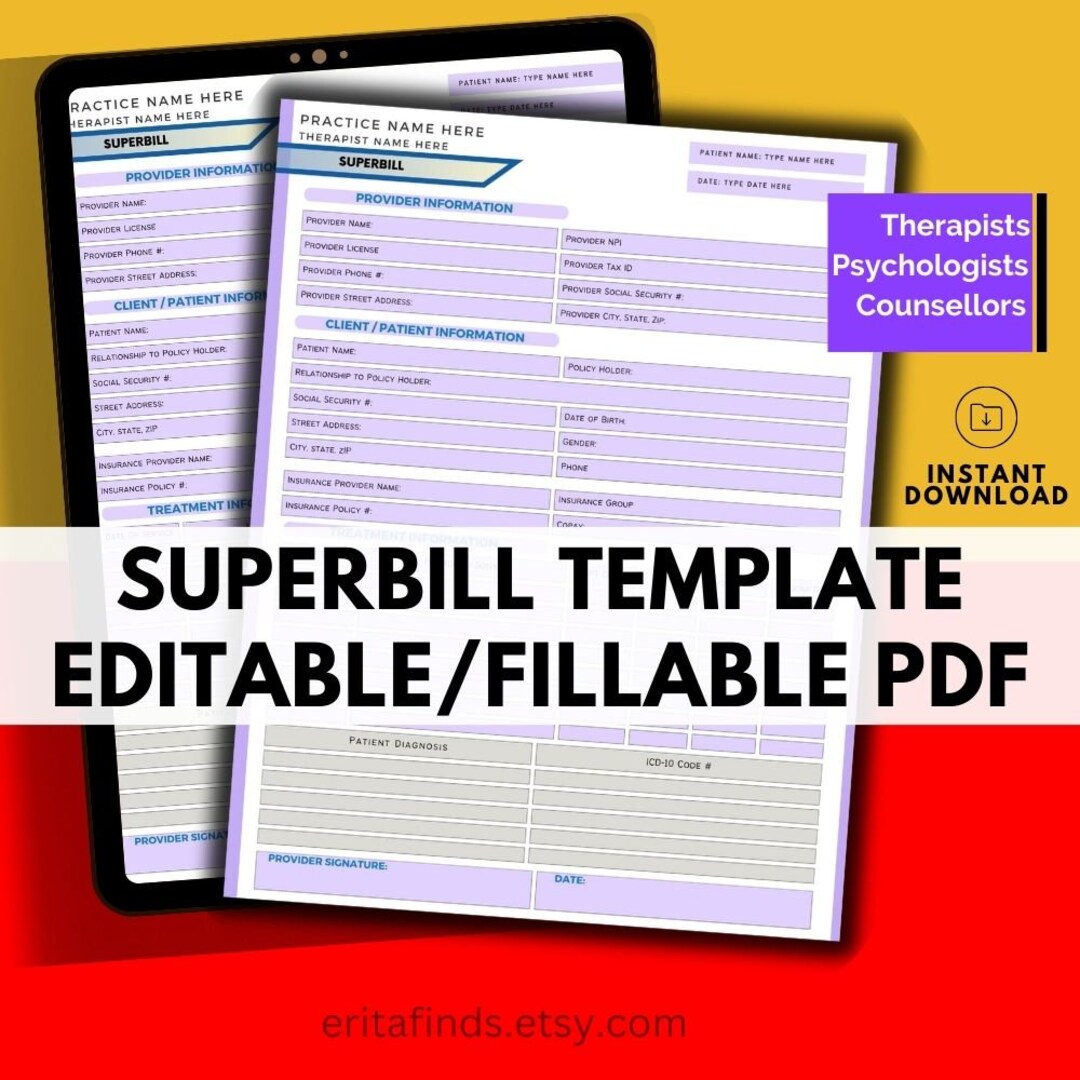 Superbill Template for Mental Health Professionals, Fillable PDF
