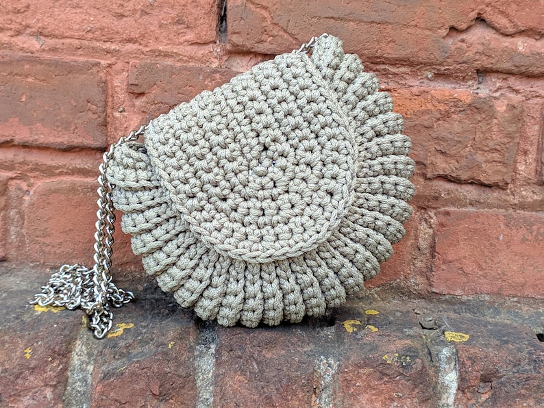 Pu&ograve; includere: Una borsa a mano in crochet beige con una tracolla a catena argentata. La borsa ha una forma a semicerchio e ha un bordo a festoni.