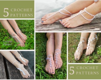 5 Crochet Barefoot Sandals PATTERNS, Easy Boho Crochet Pattern, Summer Beach Outdoor Wedding Bridal Anklet, Festival Party Sandle Pdf Bundle