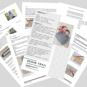May include: A collection of printed crochet bag patterns, including diagrams and instructions. The main image shows a completed gray crocheted bag with a handle. The pattern details the bag's dimensions: 12 inches wide, 3 inches deep, and 10 inches high.