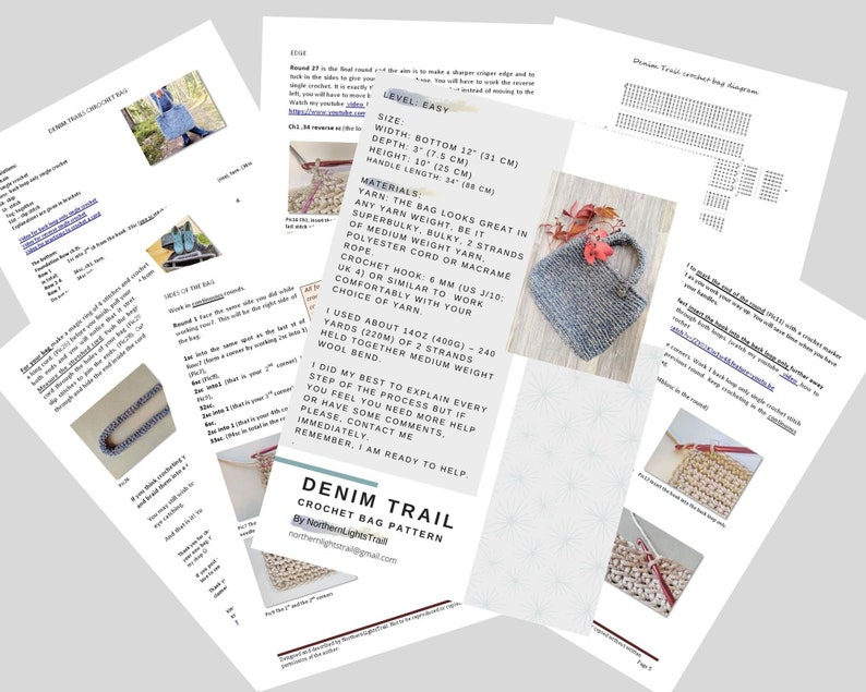 May include: A collection of printed crochet bag patterns, including diagrams and instructions. The main image shows a completed gray crocheted bag with a handle. The pattern details the bag's dimensions: 12 inches wide, 3 inches deep, and 10 inches high.