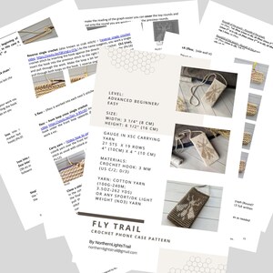 May include: A crochet pattern for a phone case with a bee design. The pattern is called "Fly Trail Crochet Phone Case Pattern" and is by Northern Lights Trail. The pattern includes instructions for making the case, as well as a gauge and materials list.