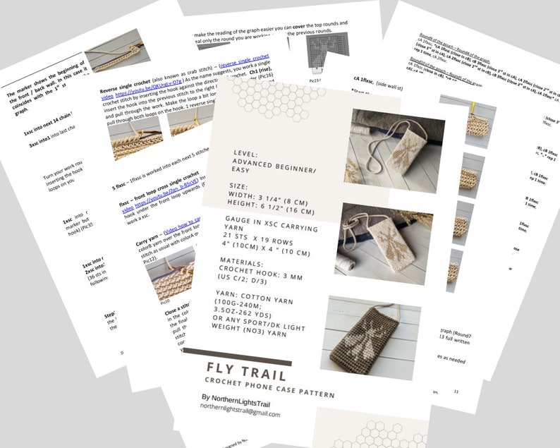 May include: A crochet pattern for a phone case with a bee design. The pattern is called "Fly Trail Crochet Phone Case Pattern" and is by Northern Lights Trail. The pattern includes instructions for making the case, as well as a gauge and materials list.