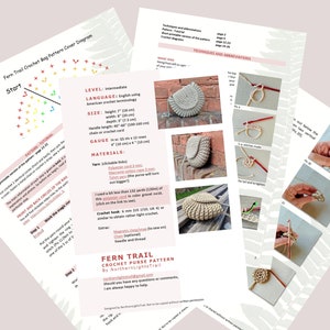 Pu&ograve; includere: Uno schema all'uncinetto per una borsa con un design a sentiero di felci. Lo schema include istruzioni per lavorare all'uncinetto la borsa, nonch&eacute; un diagramma che mostra i diversi passaggi coinvolti. Lo schema &egrave; scritto in inglese e utilizza la terminologia americana del crochet.