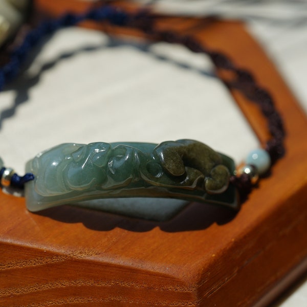 Natural Grade-A glutinous green Jadeite RUYI 如意 pulsera colgante, anudado chino tradicional, regalo, No.BP002