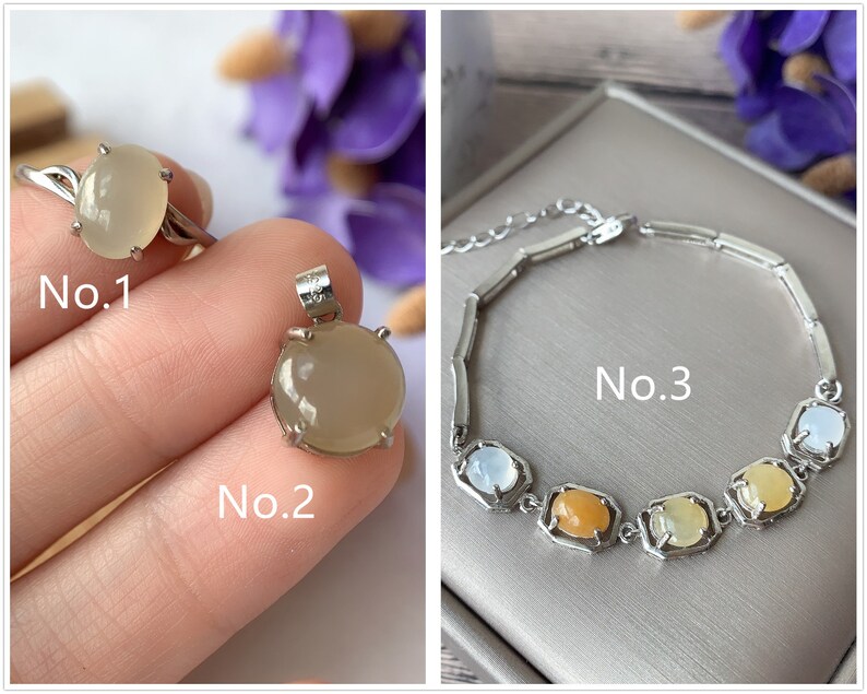 Natural Grade-A ice light yellow Jadeite S925 silver ring, pendant and bracelet,Burmese Jadeite,Ready To Ship,No.SP014 image 1