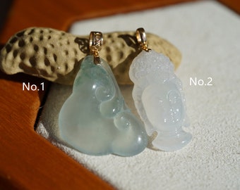 Natural Grade-A ice jadeite Guanyin\Ruyi pendant inlaid with 18k gold,Burmese Jadeite,Ready To Ship,NO.G005