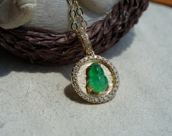 Natural Grade-A ice green Jadeite hulu Pendant with 18K gold and diamonds,Burmese Jadeite,Ready To Ship,No.G029