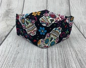 Face Mask Folkloric Sugar Skulls 100 Cotton Triple-Layer Face Mask Filtered Face Mask Fitted Face Mask