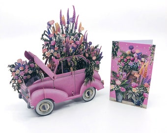 3D Pop Up Card: Pink Jalopy with Flowers (3D029)
