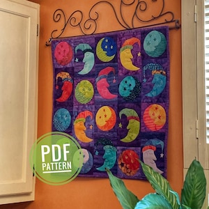 Moon Art Quilt Pattern, Celestial Quilt Pattern, Moon Wall Art Pattern, Crescent Moon Face Wall Decor, Colorful Art Quilt Pdf Pattern