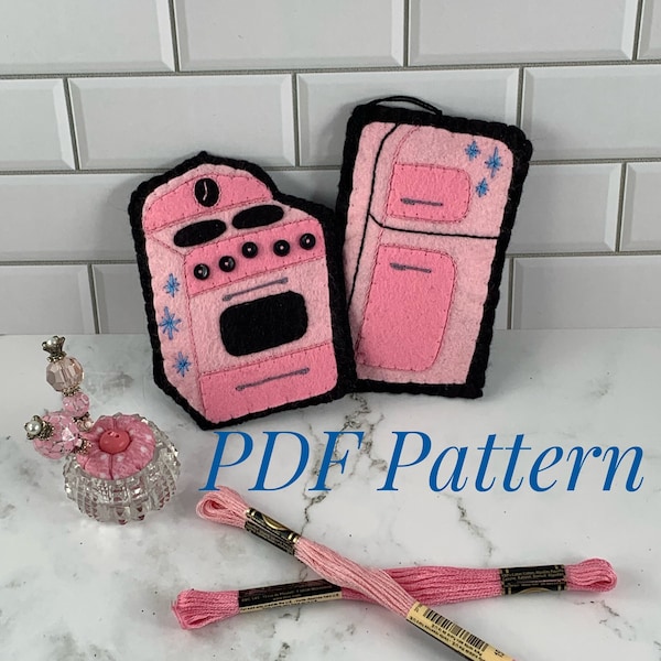 Retro 1950's Pink Refrigerator and Stove Wool Felt Applique Ornament Pattern