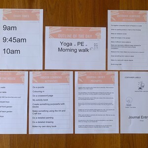 May include: A collection of printed activity sheets for children, featuring titles like "Chart Times," "Outline of the Day," and "Outdoor Learning Activities." The sheets are white with a light peach border and text in black.