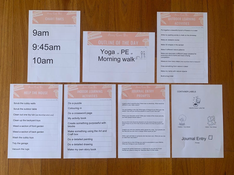 May include: A collection of printed activity sheets for children, featuring titles like "Chart Times," "Outline of the Day," and "Outdoor Learning Activities." The sheets are white with a light peach border and text in black.