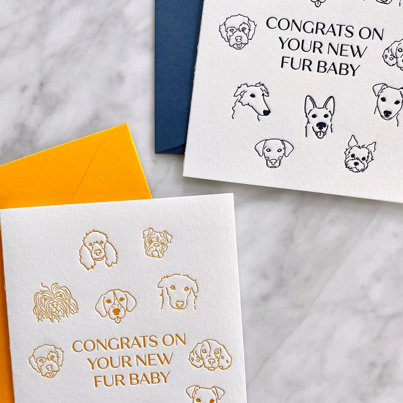 Fur Baby Letterpress Greeting Card Dog, Puppy, Pet Parent, Congratulations, Greeting Card Set, A2, Envelopes image 1