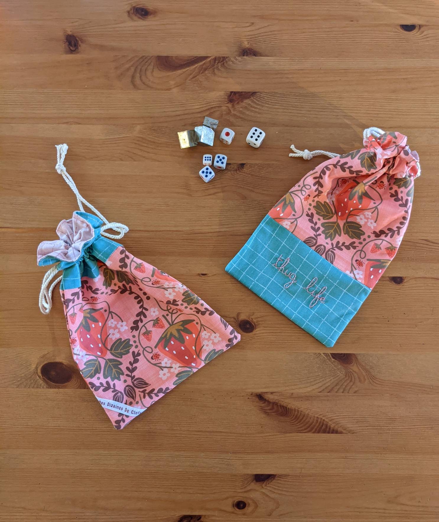 Pochon Fraises et Carreaux Roses