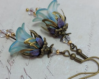 Aquamarine Flower Earrings with Clear Crystal,  Floral Bohemian Vintage Dangles, Cottagecore Jewelry