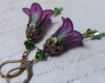 Purple Green Floral Earrings, Iridescent Flower Dangles, Antique Bronze Jewellery, Fairycore Earrings,