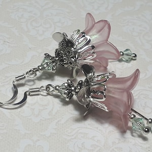 Iridescent Pink & Green Floral Earrings, Flower Earrings, Bohemian Vintage Dangle Earrings, Fairy Flower Earrings, Pink Silver Earrings