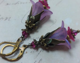 Fantasy Flower Dangle Earrings, Lilac Fuchsia & Bronze Jewelry, Vintage Romantic Fairy Dangles