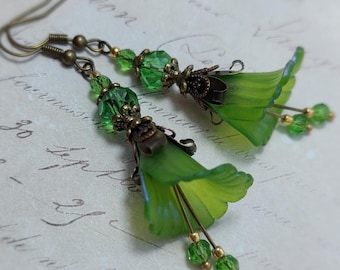 Green Lucite Flower Earrings With Bronze Filigree, Peridot Crystal Drops, Fantasy Floral Jewelry