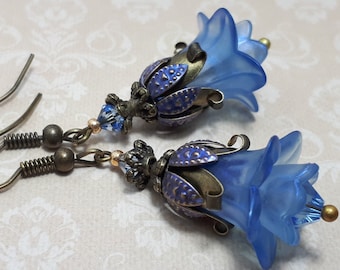 Sapphire Blue Drop Flower Earrings, Bronze Dangles With Crystals, Vintage Style Bohemian Jewelry