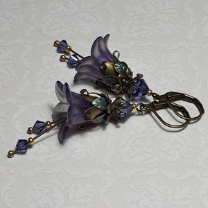 Purple Tanzanite Flower Earrings, Iridescent Purple Floral Earrings, Bohemian Dangle Earrings, Antique Bronze Fairy Jewelry,