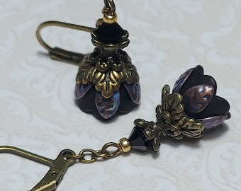 Vintage Style Gothic Flower Earrings, Black Whimsigoth Chain Drop Dangles, Mori Kei Jewelry
