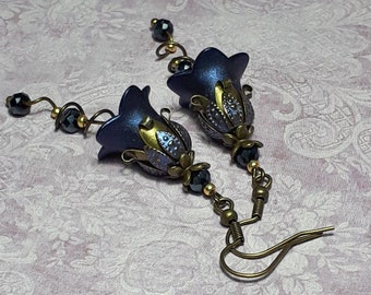 Iridescent Navy Flower Earrings, Floral Vintage Bronze Earrings, Bohemian Dangle Earring, Midnight Blue Fairy Flower Earrings, Blue Earrings