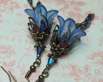 Fairycore Dangle Earrings With Blue Lucite Flower, Vintage Style Floral Bronze Jewelry,