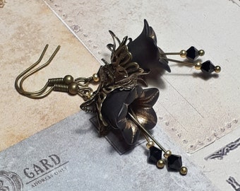 Black Flower Earrings, Gothic Black Earrings, Gothic Dangle Earrings, Antique Bronze Earrings, Halloween Earrings,