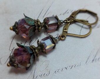 Whimsical Vintage Style Flower Earrings Square Crystal, Purple Blossom Dangles, Fairy Flower Jewellery