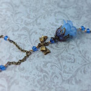 Blue Fairy Necklace, Floral Bronze Bow Chain Necklace,  Art Nouveau Inspired,  Gift For Gardeners,  Blue Flower Charm Necklace,