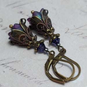 Purple Vintage Style Drop Earrings, Purple Green Bohemian Dangle Earrings, Small Floral Antique Bronze Earrings, Fairycore Gift for Her,