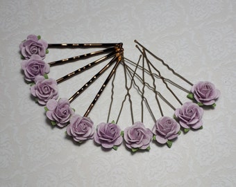 Lilac Flower Hair Pins, Wedding Hair Accessories, Pale Purple Pink Bridesmaid Hair Grips, Rose Hair Clips, Bohemian Hair Flowers,