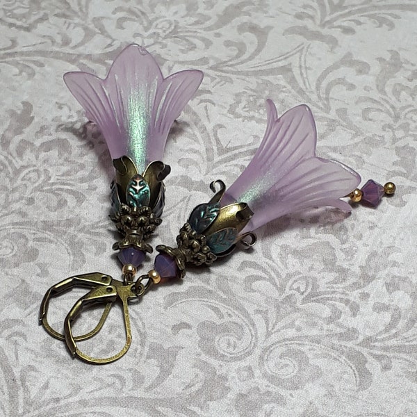 Lilac Green Lily Flower Earrings, Antique Bronze Earrings, Flower Fairy Earrings, Vintage Floral Earrings, Pastel Purple Drop Earrings,