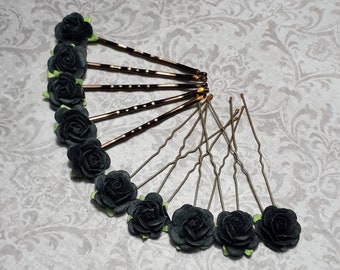 Black Flower Hair Pins, Gothic Wedding Hair Accessories, Bridesmaid Hair Grips, Black Rose Hair Clips, Bohemian Hair Flowers,