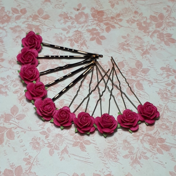 Épingles à cheveux fleur rose fuchsia, accessoires pour cheveux de mariage, pinces à cheveux de demoiselle d'honneur rose vif, épingles à cheveux rose fuchsia, fleurs pour cheveux bohèmes,