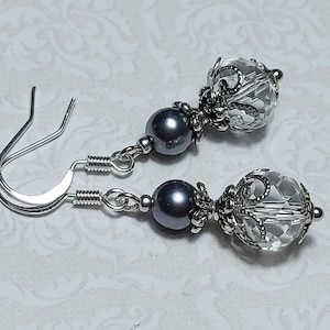 Viktorianischen Stil Kristall Ohrringe, Vintage Stil Antike Silber Ohrringe, Grau Perle Ohrringe, Kristall Ohrringe,