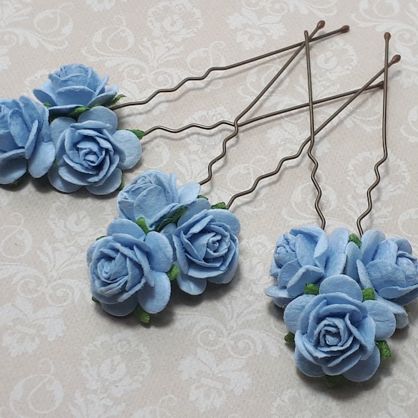 Blue Rose Flower Hair Pins, Hair Flowers, Bridesmaids Hair Accessory, Something Blue Hair Pins, Bohemian Wedding,