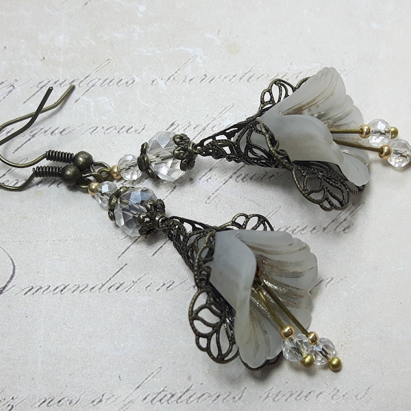 Gothic White Flower Earrings/Bronze Vintage Inspired Crystal Earrings/Halloween Gift For Her/White Flower Dangle Earrings/White Earrings UK