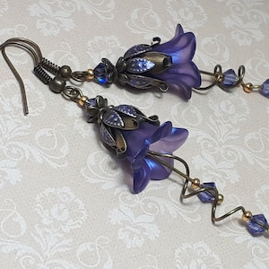 Iridescent Purple Flower Earrings, Floral Vintage Bronze Earrings, Bohemian Dangle Earrings, Purple Fairy Flower Earrings, Purple Earrings,