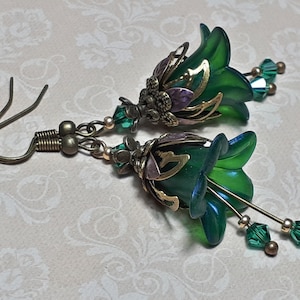 Iridescent Green Blue Floral Earrings, Flower Earrings, Bohemian Vintage Dangle Earrings, Fairy Flower Earrings, Antique Bronze Earrings,