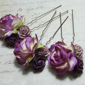 Purple Plum Rose Flower Hair Pins, Dusky Pink Vintage Hair Accessory, Bridesmaid Hair Accessory, Wedding Hair Flowers, Rose Hair Pins,