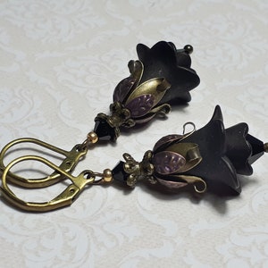 Black Tulip Earrings, Black Flower Earrings, Victorian Style Dangle Earrings, Black Gothic Jewellery, Jet Black Crystal Earrings,