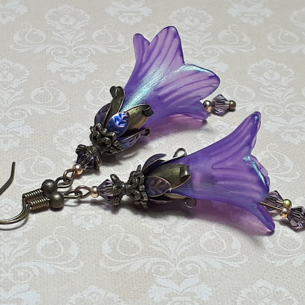 Purple Lily Flower Earrings, Antique Bronze Earrings, Dangle Flower Fairy Earrings, Vintage Style Floral Earrings, Fantasy Purple Earrings,